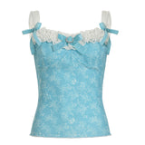 Age-Reduce Lace Bow Spliced Sling Vest Collar Print Blue Collar Knitted Shirt