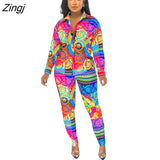 Femme Print Jacket & Trousers Office Lady Outfits Autumn Women two Pieces set Chain Print Button Coat & Pants Suit