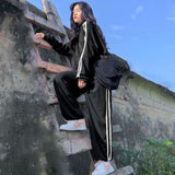 BF Oversized Sets Women Solid Zipper Sweater Elastic High Waist Wide Leg Soft Pants Simple Casual Korean Daily Student