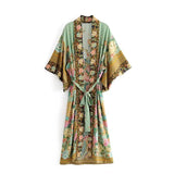 Queens Women Peacock Floral Print Bat Sleeve Beach Bohemian Kimono Maxi Robe Ladies V Neck Boho Summer Bikini