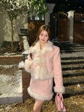 Fashion Faux Fur 2 Piece Skirt Set Women 2023 Winter Elegant Chic Jacket Coats Skirts Sweet Casual Female Clothing