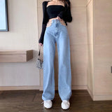 Hollow Out Chain Streetwear Jeans for Women Summer High Waist Loose Harajuku Straight Denim Pants Fashion Korean Y2K
