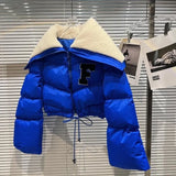 2022 Winter Long Sleeve Lambswool Sailor Collar Short Cotton Coat Women Drawstring Jacket