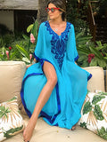 Blue Bohemian Embroidered Batwing Sleeve Side Split Summer Beach Dress Chiffon Tunic Women Plus Size Beachwear kaftan