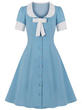 Women Single-Breasted Vintage Dress Bow Front Knee Length A-Line Button 1950s Style Office Ladies Tunic Shirt