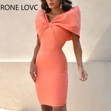 Women Solid Elegant Bowknot Off Shoulder Sleeves Midi Bodycon Party