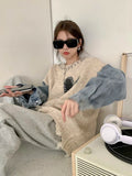 Autumn Winter New Design Women Sweaters Long Sleeve Denim Stitching Knit Pullover Japanese Sweet