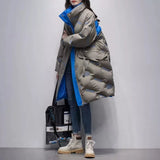 letter printed down jacket for women's medium long 2023 winter new Korean stand collar 90% white duck down coat