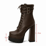 Platform Women Punk Boots Square Toe Super High Heel Ankle Boots Lace Up Zipper Motorcycle Boots Autumn Winter Lady