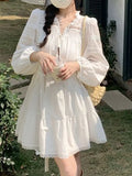 White Lace Dress Women Hollow Out Mini Dress Female Elegant Sweet Dress Ladies Long Sleeve V Neck Lace Up