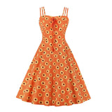 Front Daisy Floral Print Black Women Flare Casual Dresses Spaghetti Strap Summer Vacation Beach Casual Vintage Swing