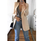 Women Autumn Solid Color Blazer Female Work Office Pocket Tweed Blazer Oversized Casual Slim Coat Fashion