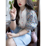 Vintage Floral Blouses Women Korean Cute Print Puff Sleeve Chic Shirts Summer Harajuku Sweet Elegant Loose All Match