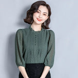 Women Spring Autumn Style Chiffon Blouses Shirts top Lady Casual three quarter O-Neck Polka Dot Printed Chiffon Blusas