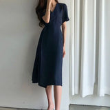 Elegant V Neck Dress Women Vintage Short Sleeve Lace Up High Waist Chic Midi Dress Korean Slim Bandage Button