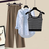 Women Pants Sets Summer Casual Striped Knitted Vest+long Sleeve Sunscreen+wide Leg Long Pant 3 Pieces Set Women Outfits