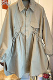 Spring Autumn Oversized Khaki Shirt Trench Coat for Women Drawstring Runway Designer Casual Loose Fashion 2023 One