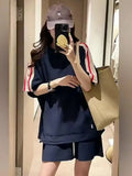 Casual Tracksuit Suit Women 2023 Summer New Loose Short Sleeved O-Neck Top+Wide-Leg Shorts 2-Piece Set Women