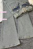 Women Slim Pocket Flare Jeans Retro Solid High Waist Y2K Fashion Basic Autumn Ladies Streetwear Denim Wide Leg Pants With