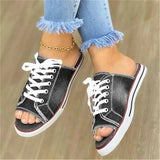 summer open-toe fish mouth denim lace-up shoes casual flat shoes ladies large canvas