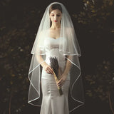 2T Wedding Veil Short Tulle Ribbon Edge Bridal Veils Two Layer Ivory White Bride