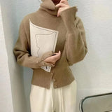 Pullover Sweater Women Irregular Button Design Knitted Sweater Female Korean Fashion Elegant Turtleneck Slit Pullover