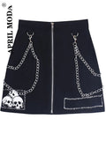 Gothic Skull Mini Black Skirt Women Punk Y2K Aesthetic High Waist A-Line Short Skirts 90s Vintage Harajuku