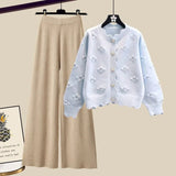 Winter Knit Sets Womens Outfits Korean Sweet Floral Knitted Cardigan And Wide Leg Pants Sets Ladies Elegant Knitting