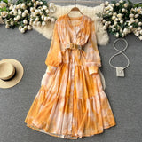 Women French Fashion Single Breasted V Neck Long Dress With Belt Summer Autumn Elegant Print A-line Robe Female Holiday