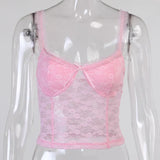 2000s Aesthetics Pink Lace Backless Cami Tops Fashion Bow Sleeveless Spaghetti Strap Crop Top Sexy Transparent