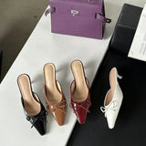 New Bows Fine Heels Large-Size Wine Red Wear Slippers Retro Tip