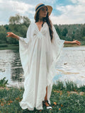 Solid V-neck Batwing Sleeve Plus Size Loose Maxi Dress For Women Summer Beach Wear Kaftan Long Bathing Dresses