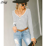 PETAL Black White Striped Split Neck Top For Woman Casual Long Sleeve Pullovers 2023 Spring Autumn Tee Shirts