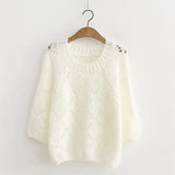 Hollow Japanese College Wind Sweater Women Short Long-sleeved Thin Large Size Solid Round Neck Pullover Jumpers