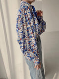 Spring 2022 Floral Lantern Sleeve Korean Fashion Blouse Women Long Sleeve Top Lapel Blue Black Loose Shirt