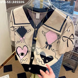 Sailor Collar V-neck Knitted Crop Tops Y2k Aesthetic Eyes Heart Graphic Tee Woman Tshirts Sweet Girl Korean Ladies