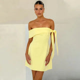 Yellow Off Shoulder Tie Up Mini Dress-Outfit