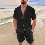 Men's Summer Casual Loose Two Piece Sets Beach Solid Cotton Linen Man Suit Short Sleeve Button Shirt And Shorts Office