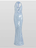 Blue Sequin Halter Cowl Neck Maxi Dress-Outfit