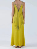 V-neck Drawstring Tassel Maxi Dress Women Loose Backless Sleeveless Sling Robes 2024 Fashion Female Vacation Beach