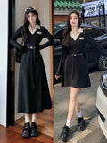 Polo Neck Long Sleeve Black Midi Dresses for Women 2023 Autumn New Fashion Slimmer Waist Casual Korean Female