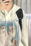 Oversize Cat Print Hooded Women Winter Fleece Sudadera Long Sleeve Sweatshirt American Vintage Pullovers Hoodies Tops