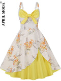 Floral Print Women Pinup Dress 1950s Vintage Yellow Tunic Spaghetti Straps Vestidos Evening Party Prom Swing