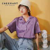 Butterfly Embroidery Blouse Summer Button Down Shirt For Women Purple White Satin Shirt Korean Glitter Blouse