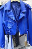 Spring Autumn Short Blue Soft Pu Leather Biker Jacket Women Zipper Long Sleeve Belt Cool Luxury Designer Clothes