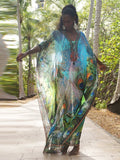Multicolored Bohemian Floral Printed V-neck Chiffon Bats Sleeve Long Summer Beach Dress Women Beachwear Maxi Dresses