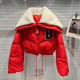 2022 Winter Long Sleeve Lambswool Sailor Collar Short White Duck Down Coat Women Drawstring Jacket