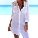 New Spring Summer Autumn Women Blouse V-Neck Long Sleeve Pocket Solid Shirts Women Casual White Blouse For Beach Tops