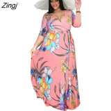 Women's Dress Sexy V-Neck Seven-Sleeve Polyester+ spandex Casual Long Split Dress Printed Party Elegant