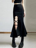 Women's Autumn New High Waist Slim Split Fishtail Skirt Ruffled Mid-Length Bag Hip Skirt Cotton Fashion Casual Skirt Female